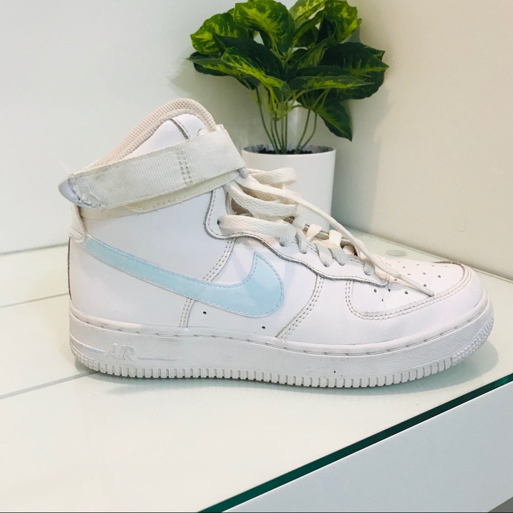 Nike Air Force ones high with sky blue detailing